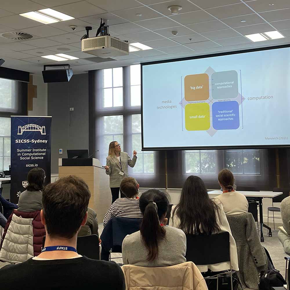 Computational Social Science lab Sydney - photo of Olga Boichak presenting to a room of people